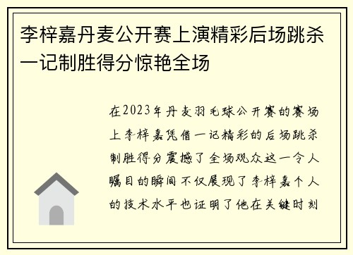 李梓嘉丹麦公开赛上演精彩后场跳杀一记制胜得分惊艳全场