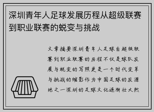 深圳青年人足球发展历程从超级联赛到职业联赛的蜕变与挑战