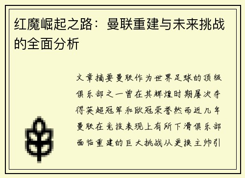 红魔崛起之路：曼联重建与未来挑战的全面分析