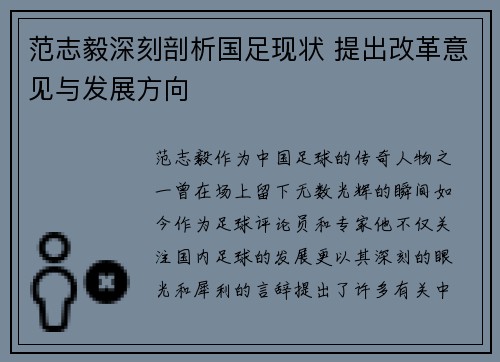 范志毅深刻剖析国足现状 提出改革意见与发展方向