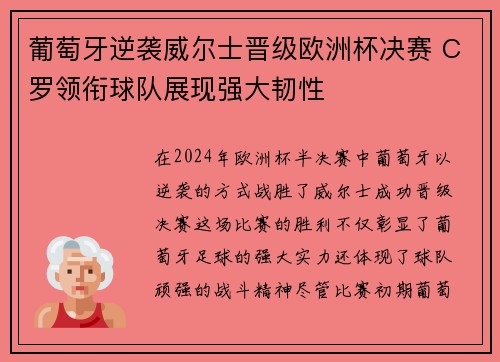 葡萄牙逆袭威尔士晋级欧洲杯决赛 C罗领衔球队展现强大韧性