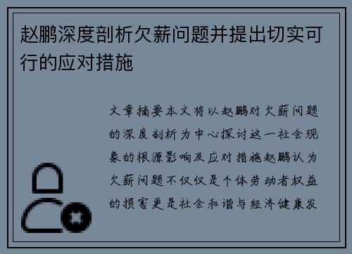 赵鹏深度剖析欠薪问题并提出切实可行的应对措施